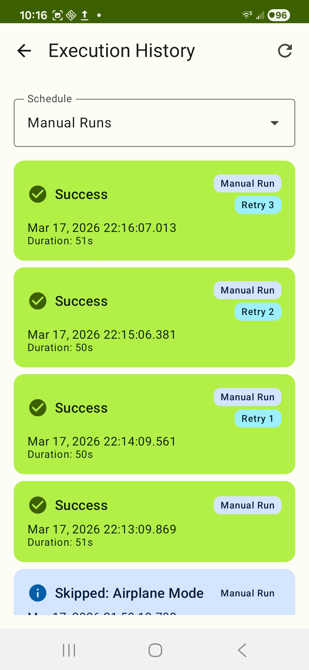 Execution Logs screen showing a list of past macro runs with timestamps and status