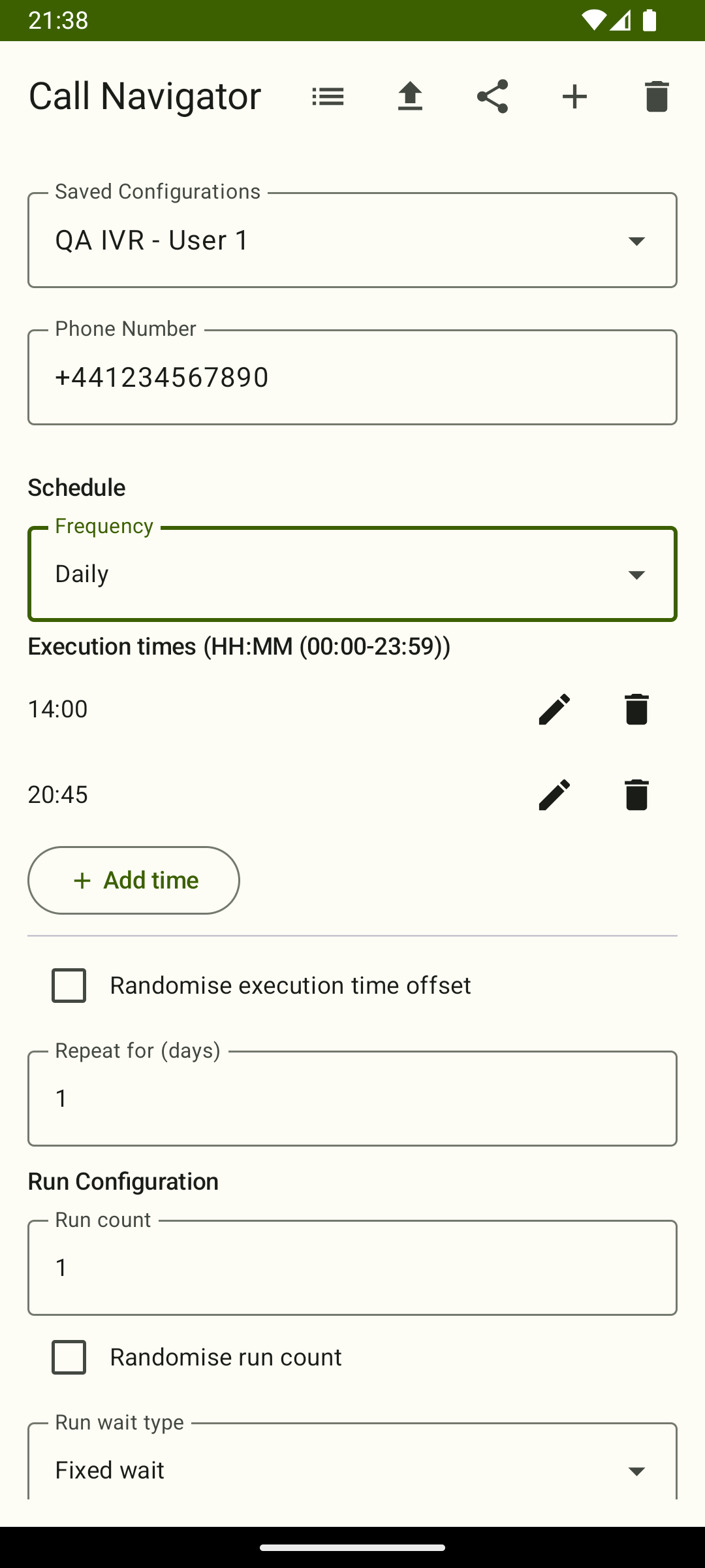 Schedule Execution screen showing a list of upcoming macro runs with multiple time slots